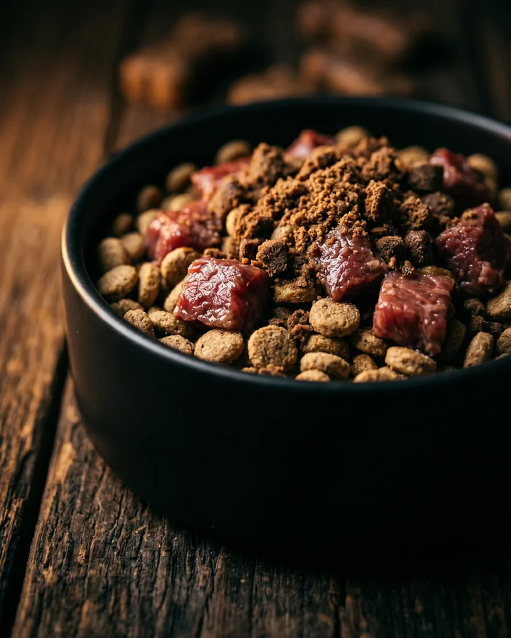 A VETIX® chew crushed over a bowl of food for a fussy eater