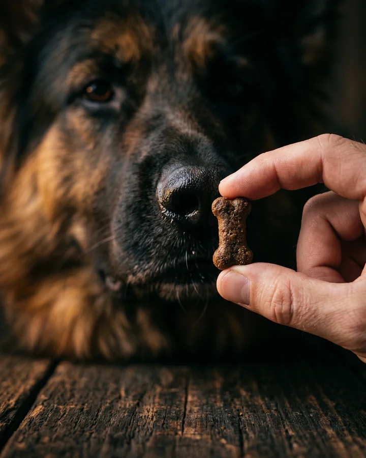 A soft chew offered by hand to a German Shepherd