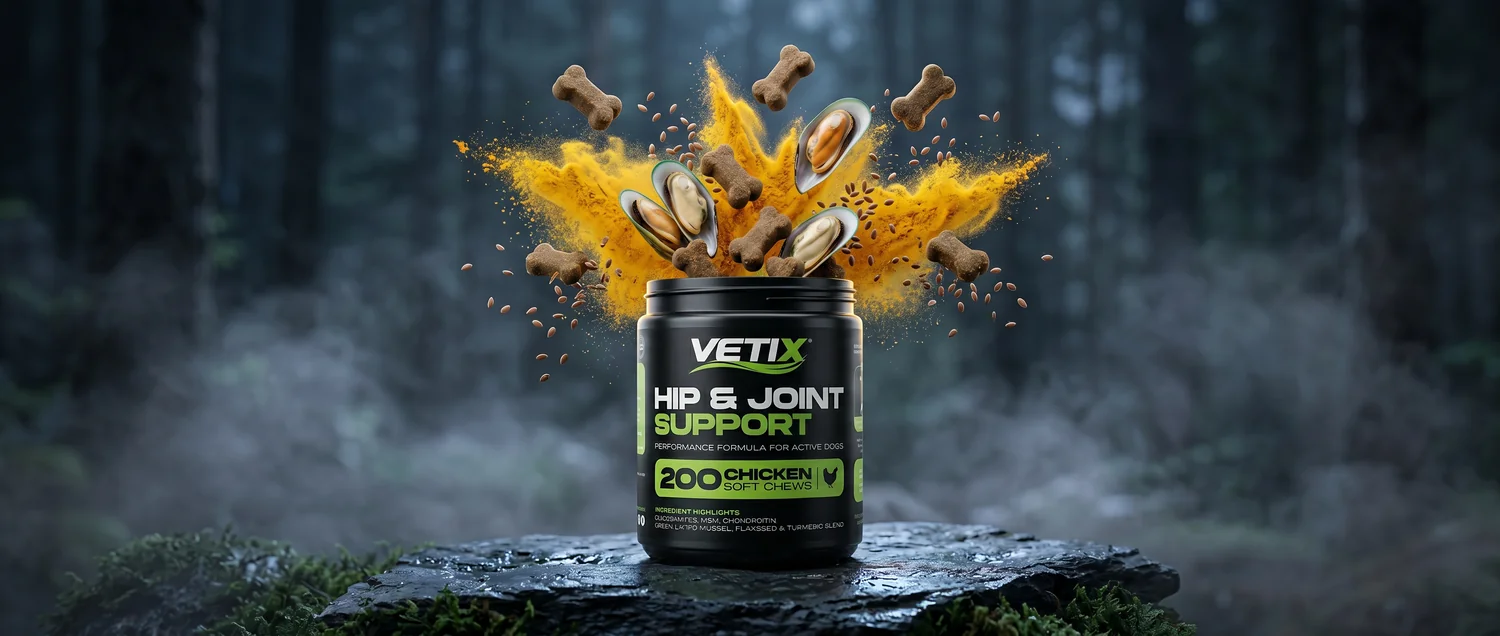 VETIX® Hip & Joint Support tub with turmeric, green-lipped mussel and flaxseed bursting from it
